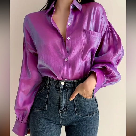 NWT Unbranded pinkish purple metallic button down blouse. Sz. Extra Large. - Picture 2 of 9